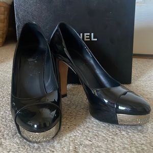 Chanel patent heels with silver tips